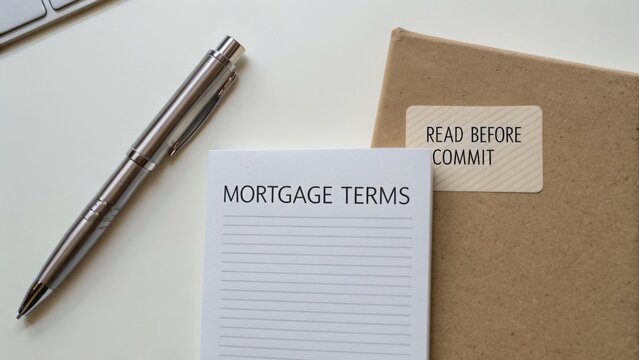 Mortgage Terms Notebook with Silver Pen on Light Background for Financial Planning and Property Discussions