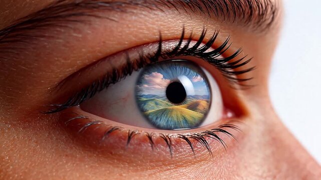 Human eye with landscape reflection