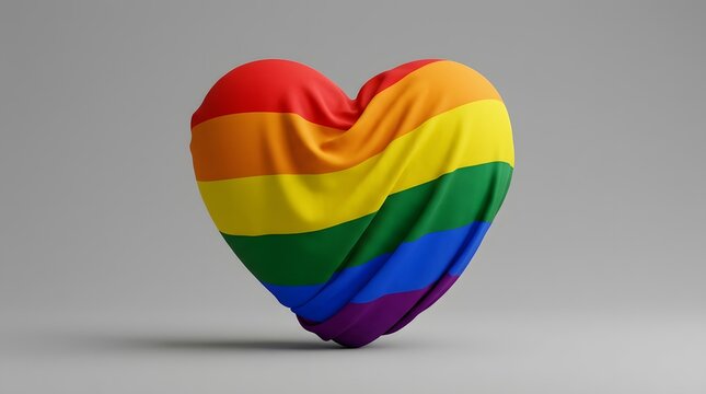 A soft, fabrictextured heart shaped like a pride flag with vibrant rainbow colors, set against a neutral grey background