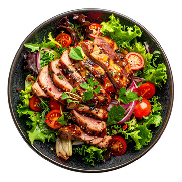Sliced grilled steak salad with fresh greens and cherry tomatoes.