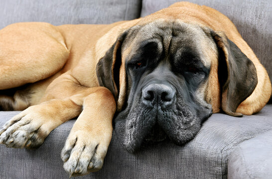 An English mastiff resting on a sofa of gray