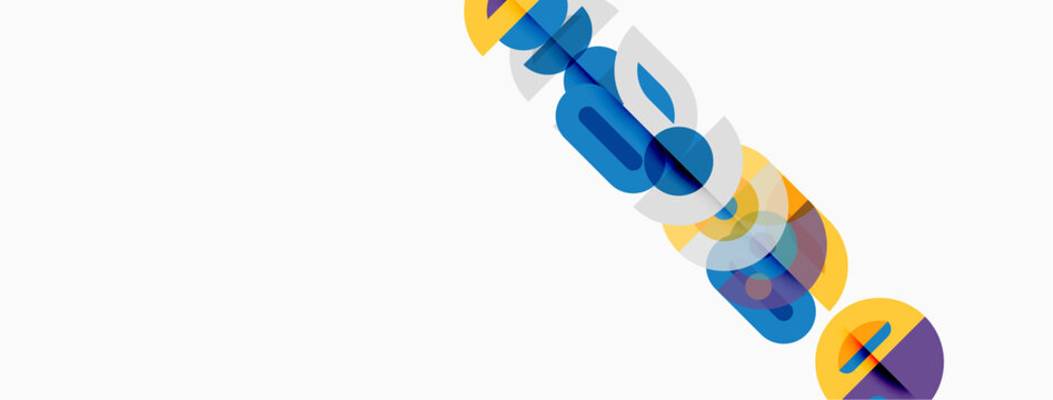 Abstract design features overlapping colorful circles forming chain links. Minimalist aesthetic, white background provides contrast.