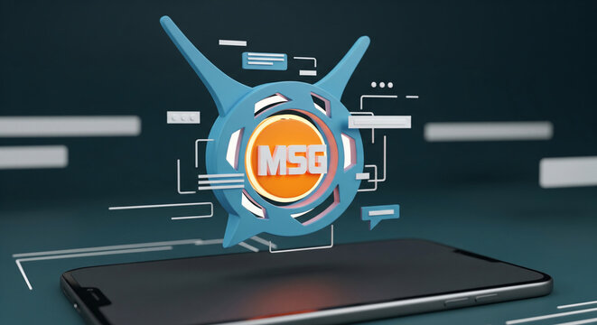 3D rendered blue speech bubble icon with MSG text on orange circle, digital lines and chat bubbles, concept for messaging, communication and social media advertising