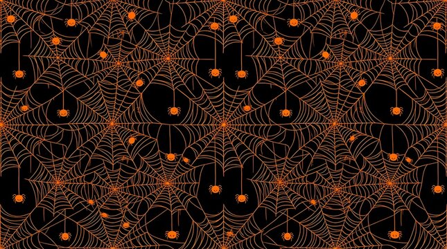 Seamless pattern with spider webs and cute spiders