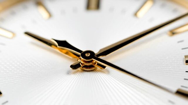 Close up of gold watch hands on white textured dial