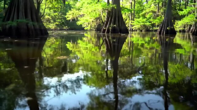 Tranquil swamp scene with trees reflected in still, dark water