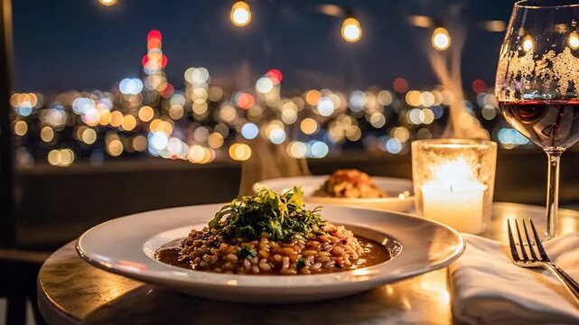 A romantic dinner setup with a plate of food on a table overlooking a cityscape at night with a glass of wine.