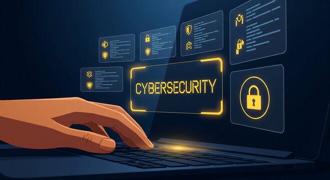 Hand typing on laptop with glowing cybersecurity interface, digital lock icons and code snippets, perfect for technology, data security and online protection concepts