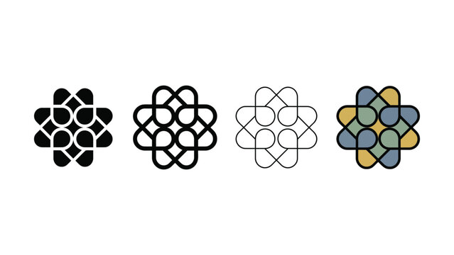 Abstract geometric snowflakelike or starburst symbol presented in four distinct styles for graphic design applications