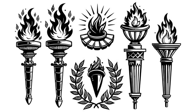 Collection of antique torches and laurel wreath with classical