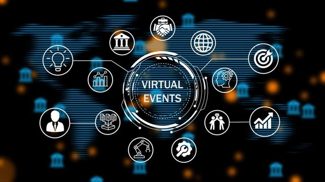virtual events concept on virtual screen with business, technology and network icons around technology interface. 4k animation video on world map background.