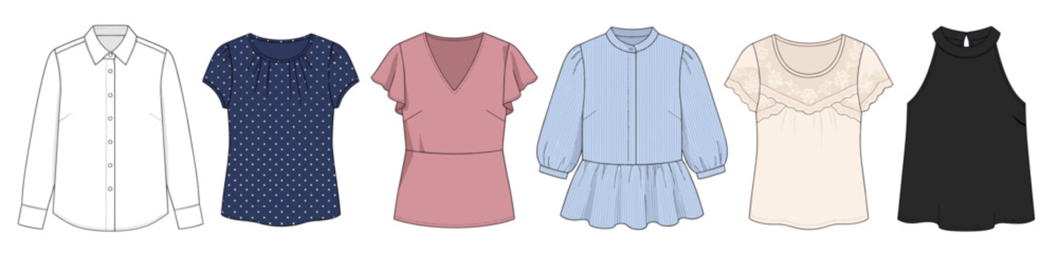 Collection of various women tops and button down blouse vector flat sketch fashion illustration set.