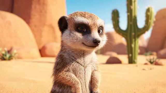 Cute Meerkat Character Waving Hello in Desert Environment