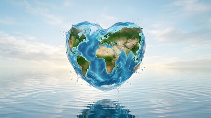 Fototapeta premium Heartshaped earth globe made of water floating above a calm ocean surface