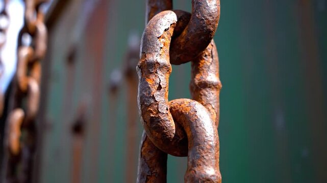 Close up of heavy rusty metal chain hanging against blurred industrial background