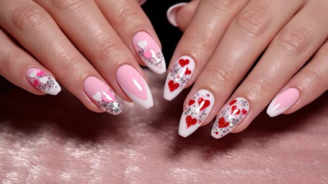 Close up of manicured hands with pink and red heart nail art and glitter for Valentines Day
