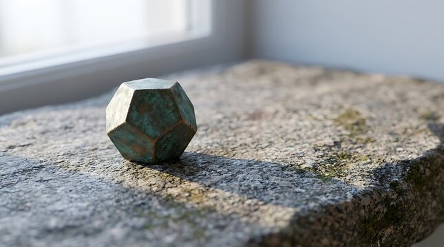 Patinated bronze 12 sided dice dodecahedron on a weathered stone ledge with natural window lighting and sharp focus for commercial gaming concepts.
