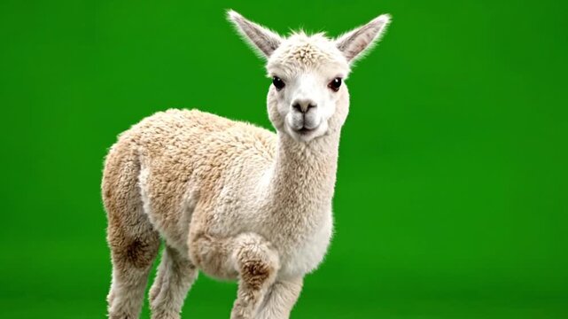 Curious baby alpacas playfully explore their surroundings on a vibrant green backdrop