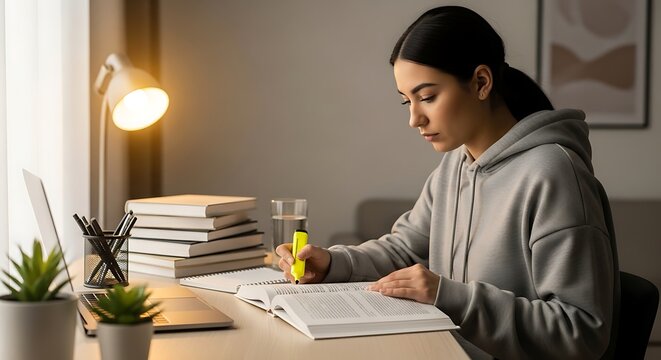 Student studies at a wooden desk using a highlighter on an open textbook while a laptop and stack of books sit nearby under the warm glow of a desk lamp in a peaceful home office setting area.