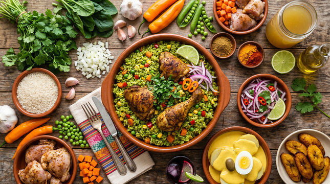 Peruvian Arroz con Pollo with ingredients. Traditional homemade food from Peru, top view