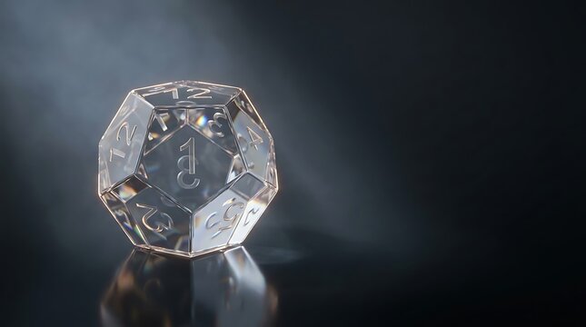 A premium 12 sided dice dodecahedron crystalline gaming die on a dark reflective surface with dramatic lighting and professional bokeh background for commercial use