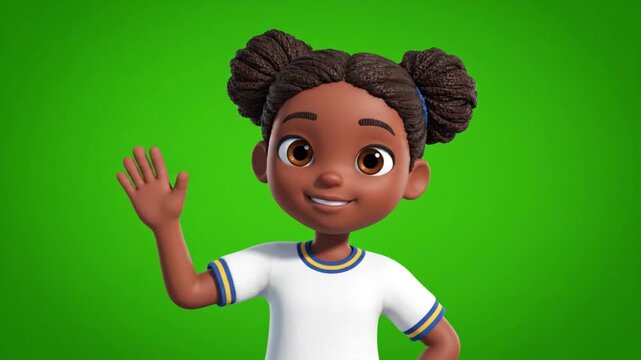 Animated character waves cheerfully with a bright green background in three poses