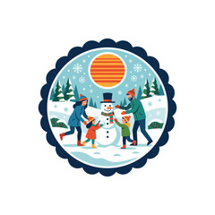 Naklejka premium Winter family fun illustration showing parents and children building snowman in snowy mountain landscape.