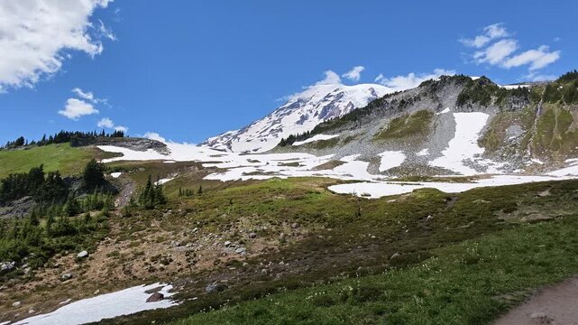 Panning view of Mount Rainier snowfields and alpine meadows in Washington