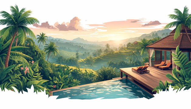 Cliffside tropical villa vector with private lagoon pool, rice terraces, palms, and misty hills for exclusive resort ads, honeymoon travel, and wellness retreat branding