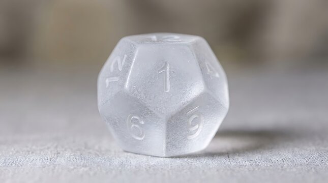 Frosted translucent 12 sided dice dodecahedron on a light grey textured fabric surface in a professional macro stock photograph with soft lighting.