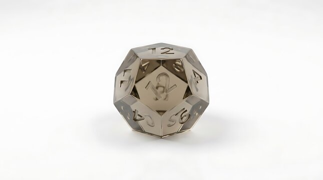 Single 12 sided dice with a smoky translucent finish isolated on a white background, perfect for tabletop roleplaying games and probability concepts.