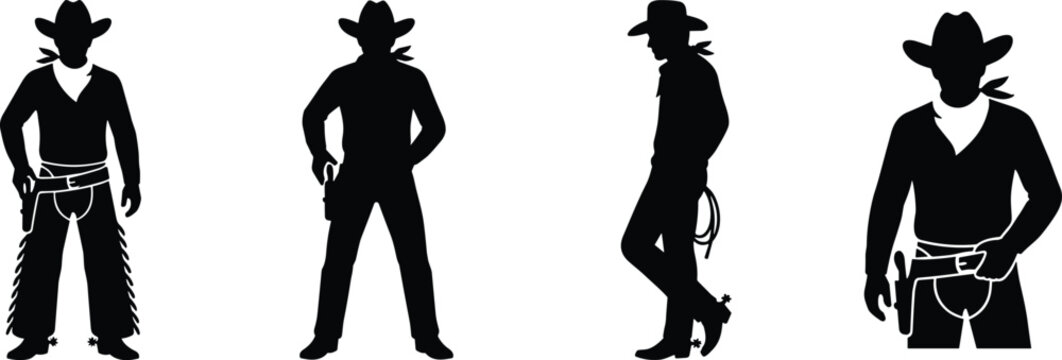 Cowboy Silhouette Vector Set Featuring Wild West Gunslingers and Outlaws in Standing, Posing, and Gun Holstering Stances for Western Country Style Graphic Designs