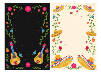 Naklejka premium Mexican fiesta background with guitar, sombrero, and floral frame. Set of vector illustrations of Cinco de Mayo celebrations. A template for an invitation card for a cultural event with a festive desi