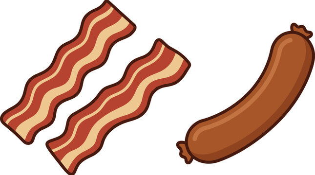Fried bacon strips and breakfast sausage link.
