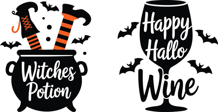 Festive Halloween themed designs featuring a witches potion cauldron and a Happy Hallo Wine glass illustration