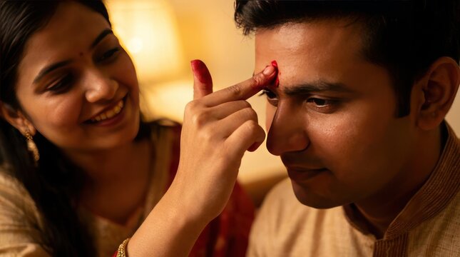 Woman applying red tilak to man's forehead.