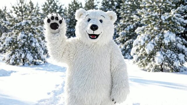 Cute Polar Bear Mascot Waving Hello in Snowy Forest