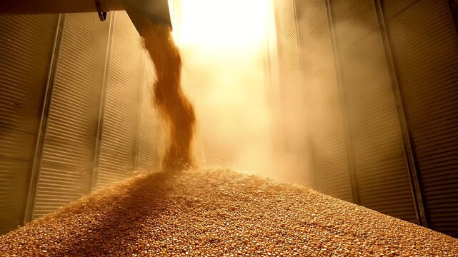 Golden wheat grains pouring into a large metal industrial silo bin