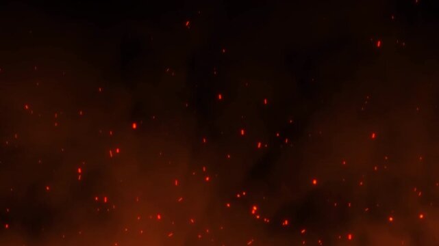 Glowing bonfire particles and hot burning ashes motion graphic overlay. Orange smoke glow fire particles rising fast burning embers dark background sparks used for cinematic video overlay effects.