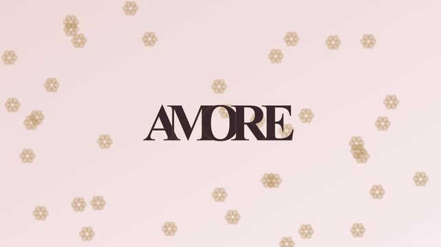 Amore text animation with floating floral on soft pastel pink 4k background, for romantic wedding, and valentine&rsquo;s day projects