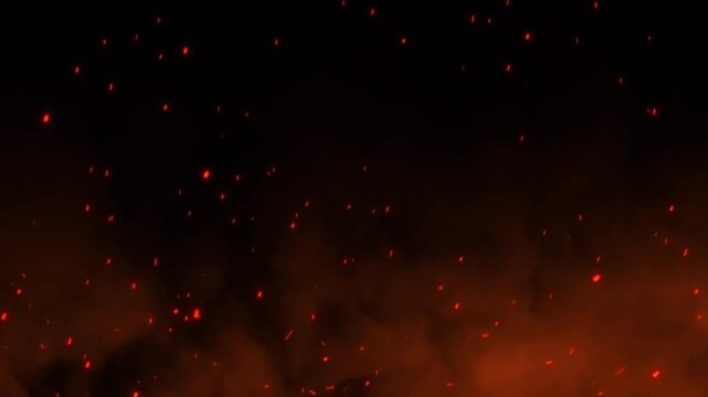 Orange smoke glow fire particles rising fast burning embers hot spark ash background featuring a cinematic fiery atmosphere.  Atmospheric fiery sky backdrop with a realistic orange smoke fire spark