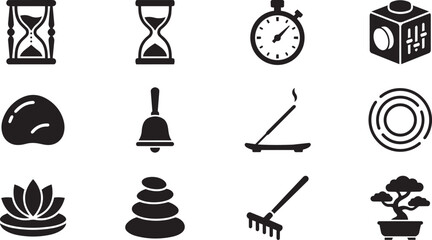 Naklejka premium Zen garden icons, meditation symbols, yoga elements, black vector set