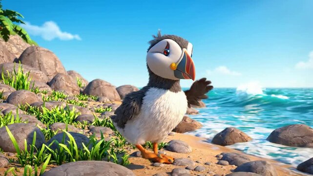 Cute Puffin Bird Waving Hello on Rocky Beach, Animated Character