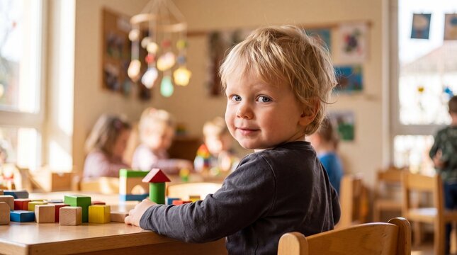 A portrait of a cheerful blonde toddler boy playing with wooden blocks at a table in a sunny kindergarten classroom, looking back at the camera with a smile.
