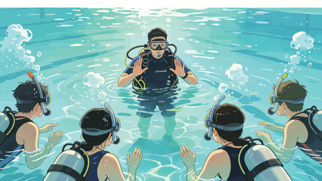 Warm sunlit anime-style illustration of a scuba diving instructor demonstrating hand signals to four young student divers in a clear shallow training pool