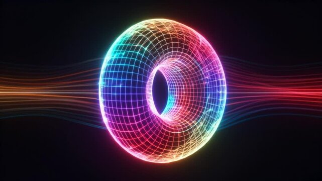 holographic wireframe torus spinning vertically on dark background
