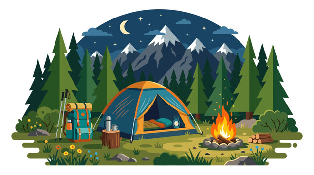 Flat vector illustration of a cozy campsite with a tent and campfire at night