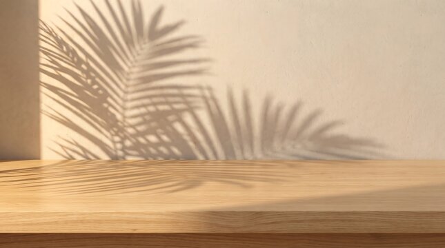 Minimalist wooden table surface with soft palm leaf shadow against textured beige wall minimalist background sunlight