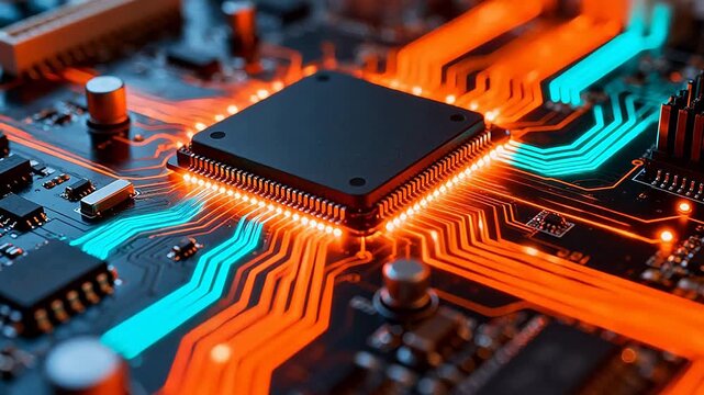 Closeup of glowing circuit board