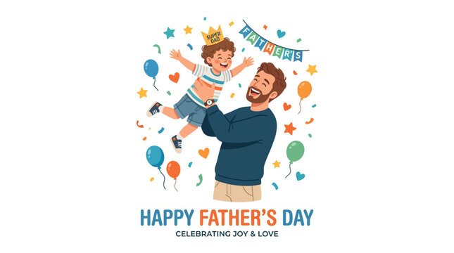 Father and son celebrate Father's Day with joy and balloons.